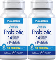 Piping Rock Probiotic bottle with label, suggesting daily digestive balance.