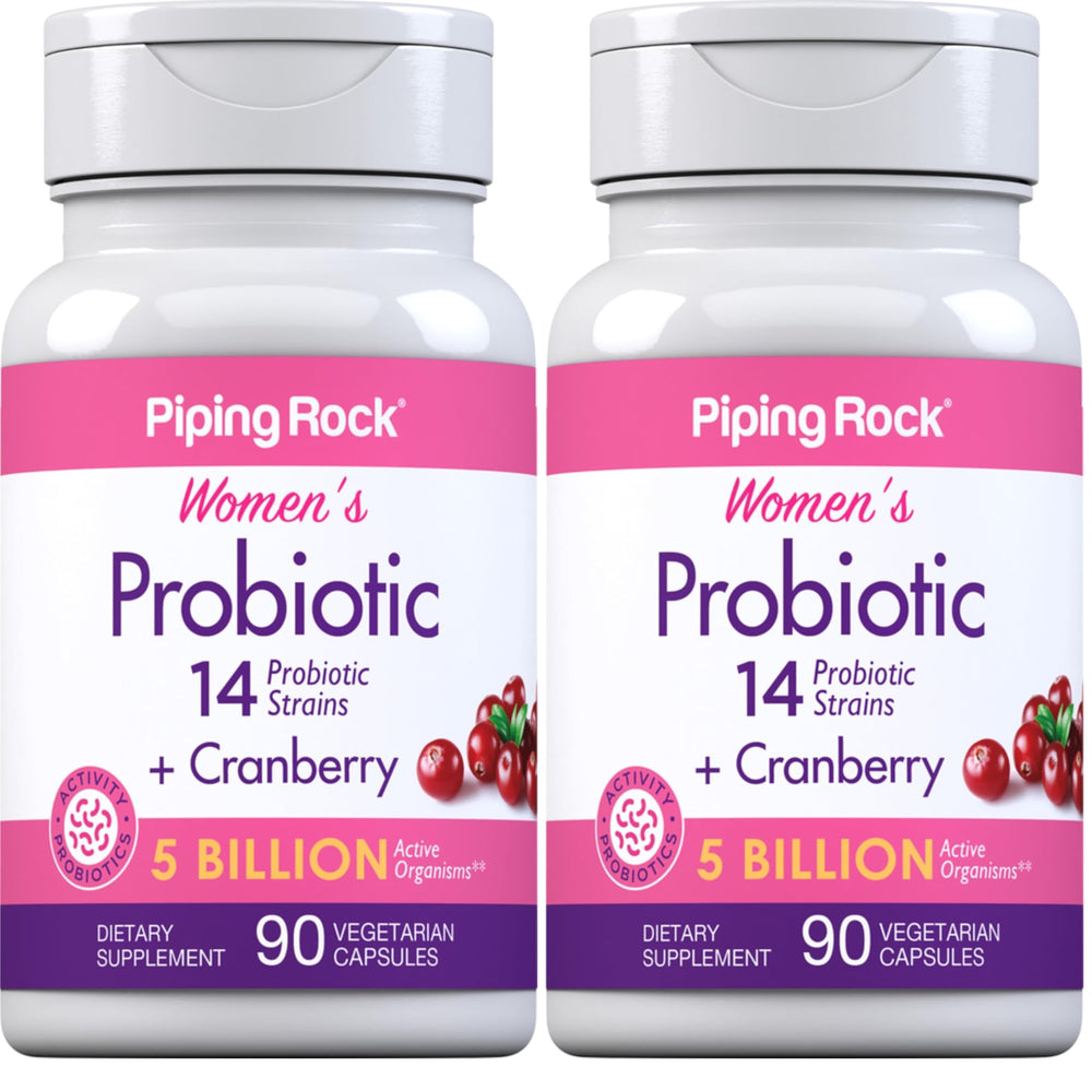 Piping Rock Probiotic with Cranberry for Women bottle shown for daily wellness usage