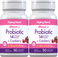 Piping Rock Probiotic with Cranberry for Women bottle shown for daily wellness usage