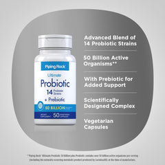 Piping Rock Probiotic with prebiotic inulin label emphasizing added prebiotic support.
