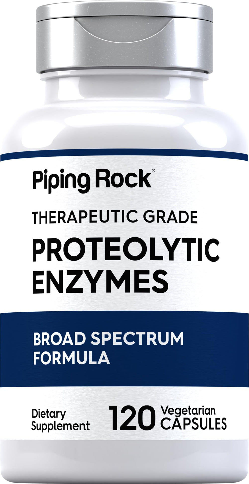 Piping Rock Proteolytic Enzymes bottle with broad spectrum capsules for digestive support.