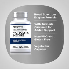 Piping Rock Proteolytic Enzymes front packaging showcasing gluten-free and non-GMO features.