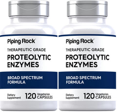 Piping Rock Proteolytic Enzymes bottle with 120 capsules in two-pack, lifestyle-friendly image for product page.