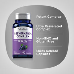 Piping Rock Resveratrol Complex label closeup shows non-GMO and gluten-free features.