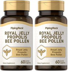 Piping Rock Royal Jelly Propolis Bee Pollen bottle featuring daily wellness caplets