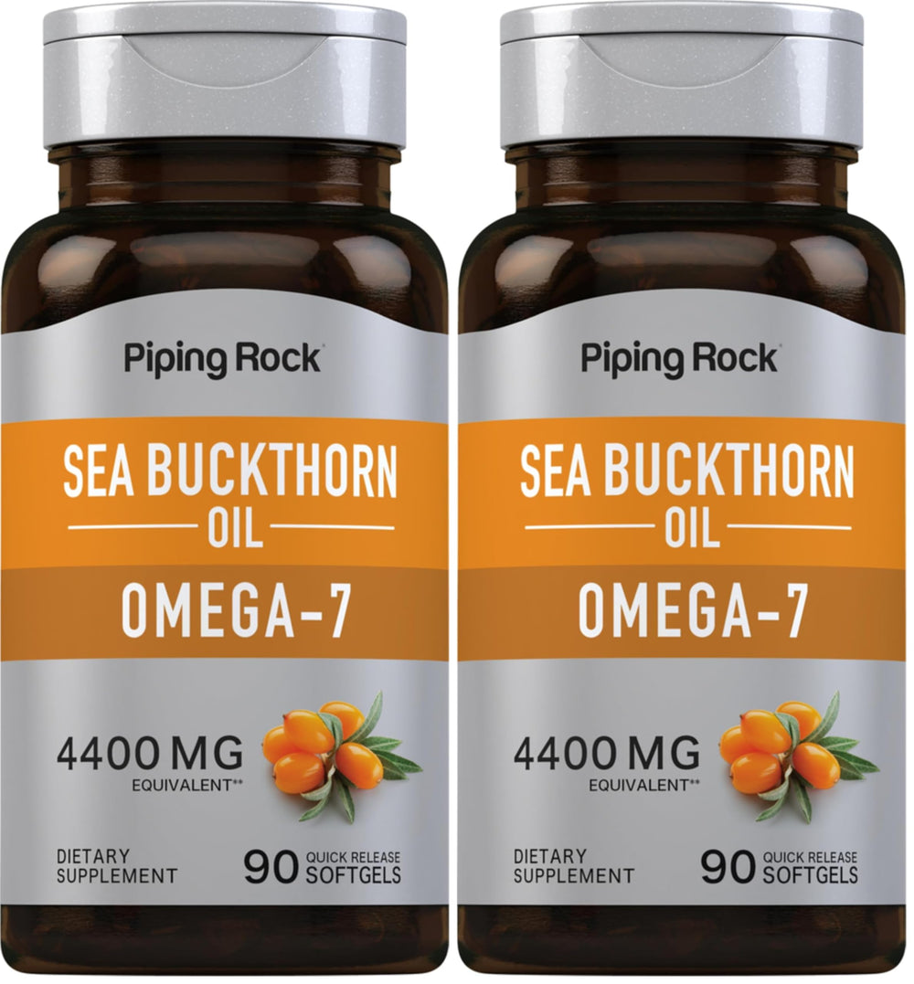 Piping Rock sea buckthorn oil capsules bottle with 90 softgels for easy daily use.