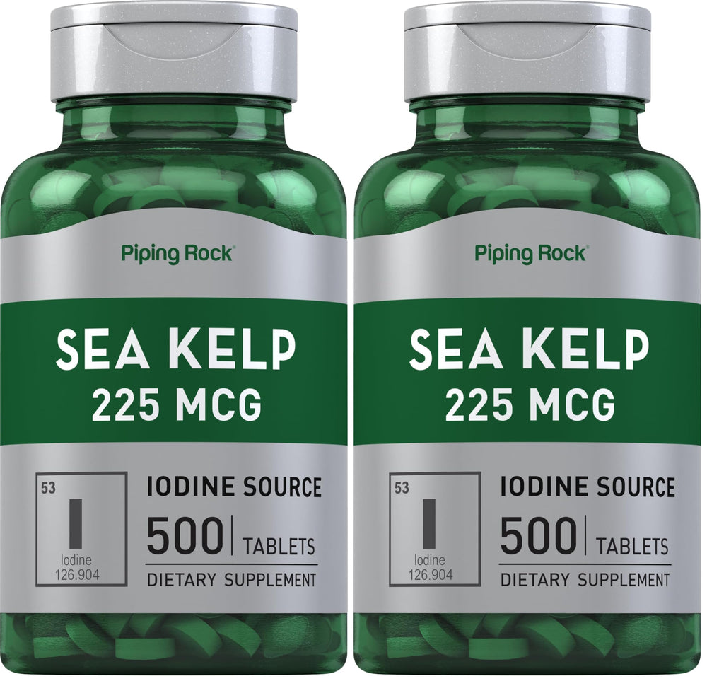 Piping Rock Sea Kelp tablets, front view, shows two-pack convenience and iodine source.