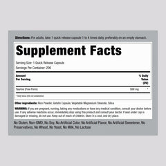 Piping Rock Taurine capsules close-up shows easy-to-swallow quick-release capsules.