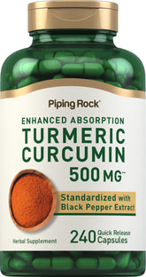 The Piping Rock Turmeric Curcumin bottle front highlights daily wellness with a 500 mg dose.