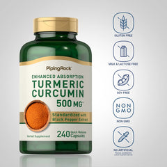 Piping Rock Turmeric Curcumin capsules closeup showcases quick-release capsules for easy use.