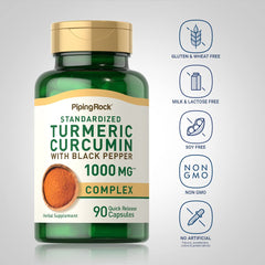 Piping Rock turmeric curcumin label detail with non-GMO and gluten-free information.