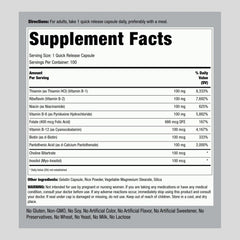 Piping Rock Vitamin B-100 Complex capsule closeup highlighting quick-release capsules for easy dosing.