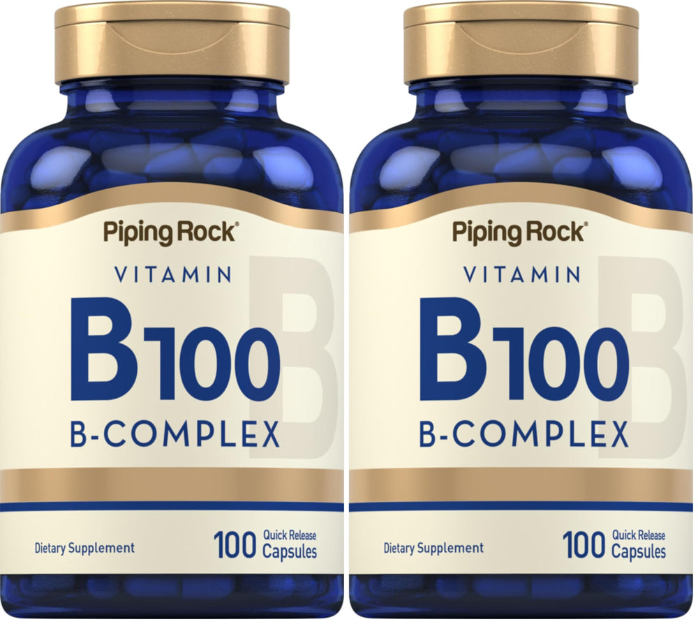Piping Rock Vitamin B100 Complex bottle and capsules for daily wellness.