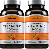 Piping Rock Vitamin C chewable 1000mg orange bottle, convenient daily supplement.