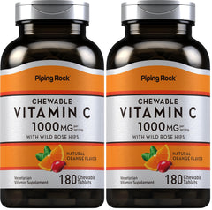 Piping Rock Vitamin C chewable 1000mg orange bottle, convenient daily supplement.
