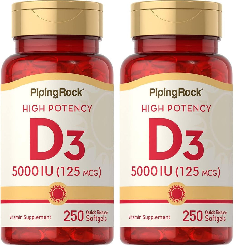 Piping Rock Vitamin D3 5000 IU softgel bottle for daily wellness.