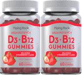 Piping Rock Vitamin D3 and B12 Gummies bottle front view for daily energy.
