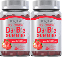 Piping Rock Vitamin D3 and B12 Gummies bottle front view for daily energy.