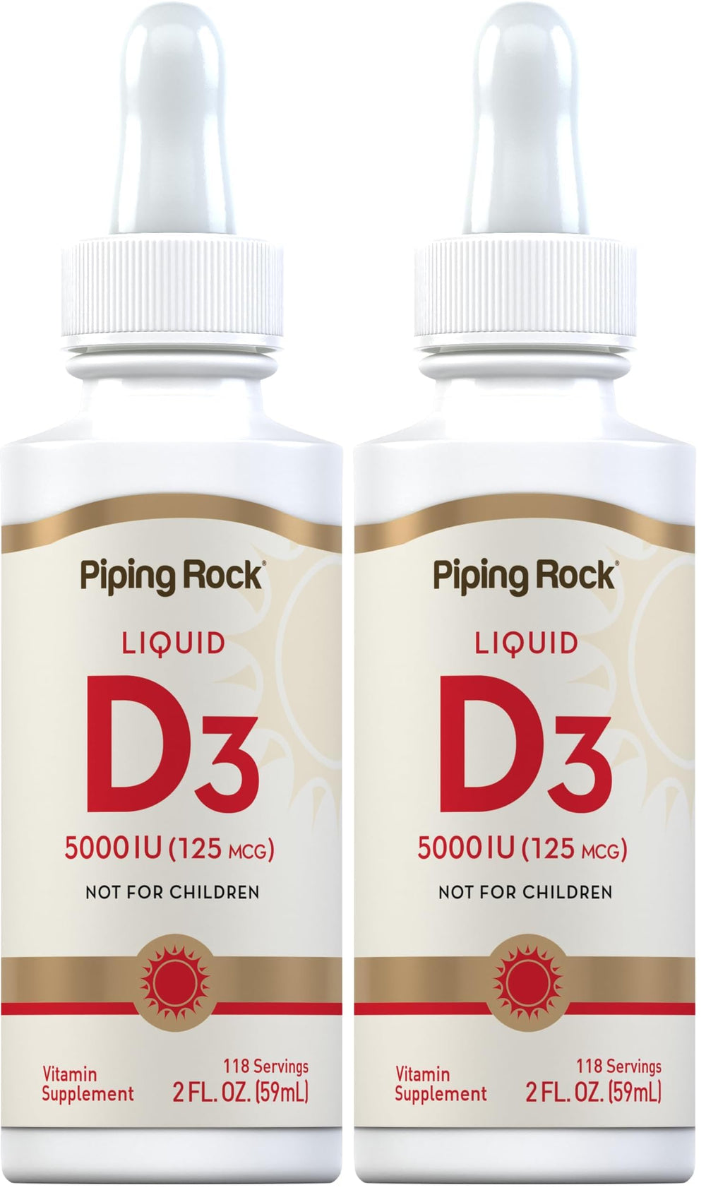 Piping Rock Vitamin D3 Liquid bottle front showing 5,000 IU drops for daily support