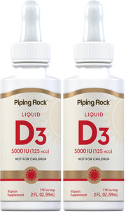 Piping Rock Vitamin D3 Liquid bottle front showing 5,000 IU drops for daily support