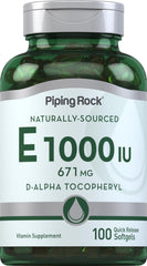 Piping Rock Vitamin E 1000 IU softgel bottle with quick-release capsules for daily wellness.