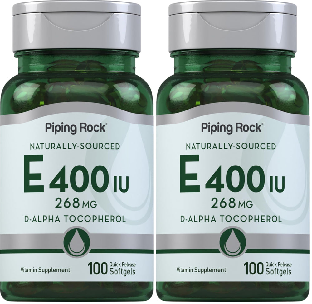 Piping Rock Vitamin E 400 IU softgels bottle view shows convenient daily packaging