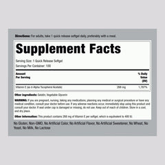 Piping Rock Vitamin E 400 IU softgels close-up shows quick-release capsules