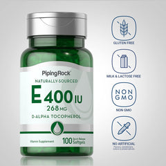 Piping Rock Vitamin E 400 IU softgels label detail highlights D-Alpha Tocopherol