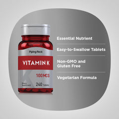 Piping Rock Vitamin K bottle highlights vegetarian formula for plant-based routines.