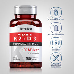 Piping Rock Vitamin K2 D3 bottle sideview emphasizes compact daily container.