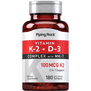 Piping Rock Vitamin K2 D3 softgel front view highlighting two-nutrient formula.