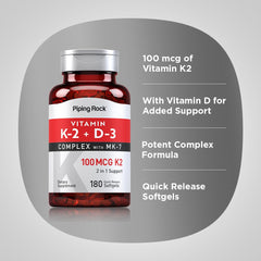 Piping Rock Vitamin K2 D3 softgel pour demonstrates quick-release capsules.