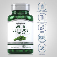Close-up label of Piping Rock Wild Lettuce Extract highlighting 500mg concentrated per capsule.