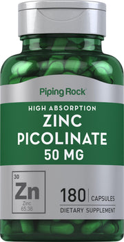 Piping Rock Zinc Picolinate 50mg bottle with clear label for easy daily use