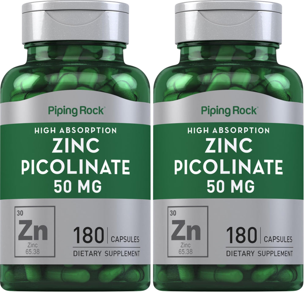 Piping Rock Zinc Picolinate 50mg bottle with easy-to-swallow capsules.
