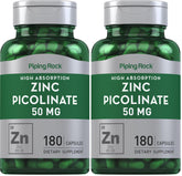 Piping Rock Zinc Picolinate 50mg bottle with easy-to-swallow capsules.