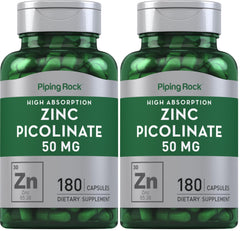 Piping Rock Zinc Picolinate 50mg bottle with easy-to-swallow capsules.