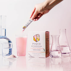 PIQUE BT Fountain ingredient panel highlighting hyaluronic acid benefits for skin.