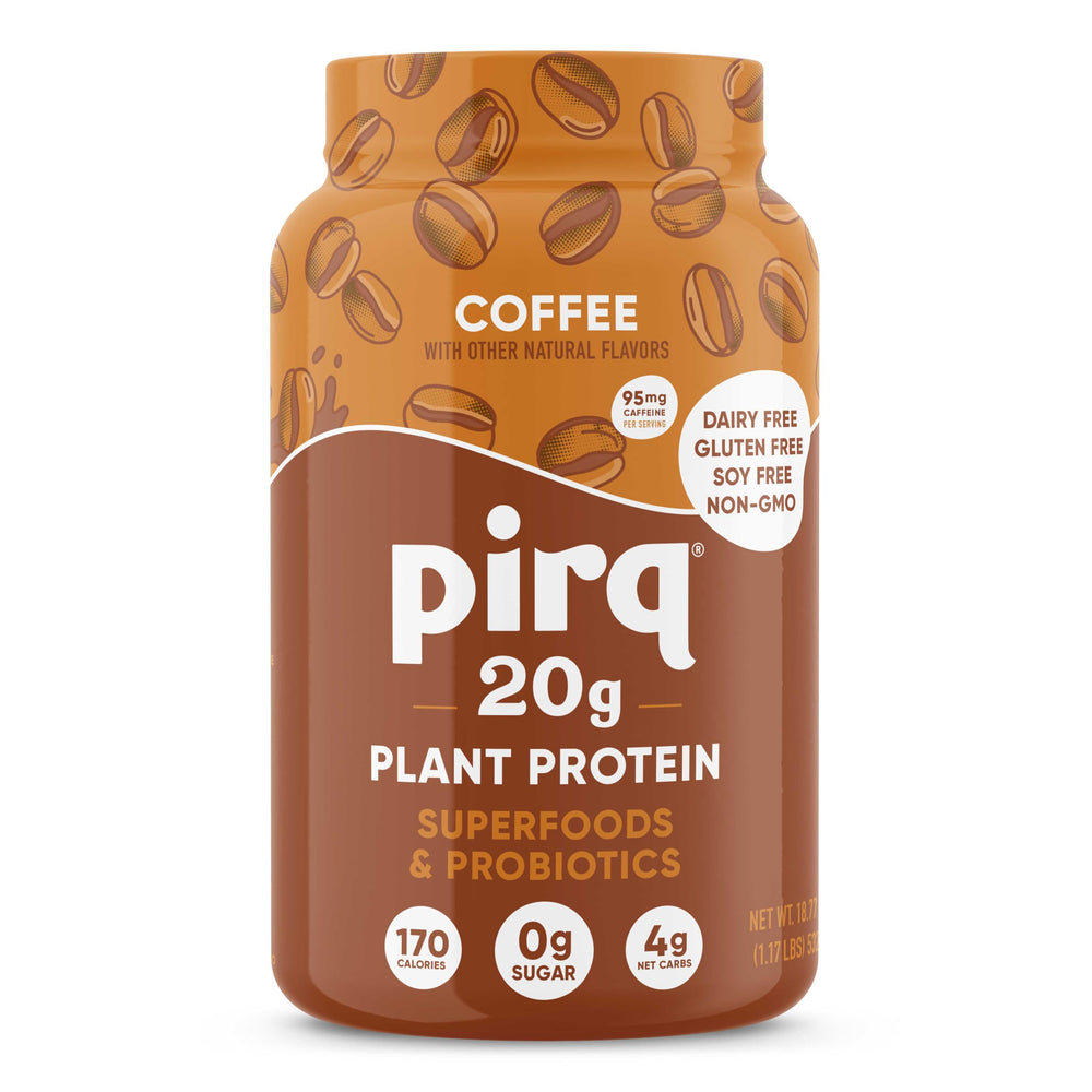 Pirq Dairy Free Protein Powder coffee tub highlights on-the-go energy.