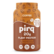 Pirq Dairy Free Protein Powder coffee tub highlights on-the-go energy.