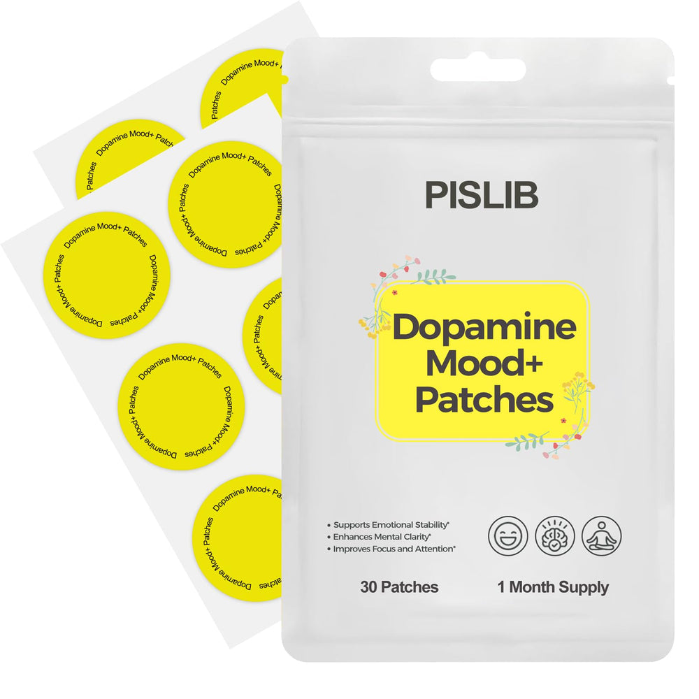 PISLIB Dopamine Patches box shows vegan mood support packaging.