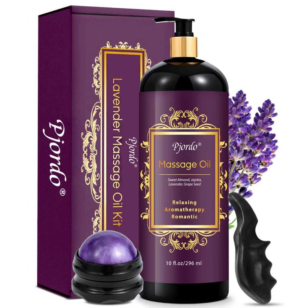 Pjordo lavender massage oil bottle for soothing skin and muscles.