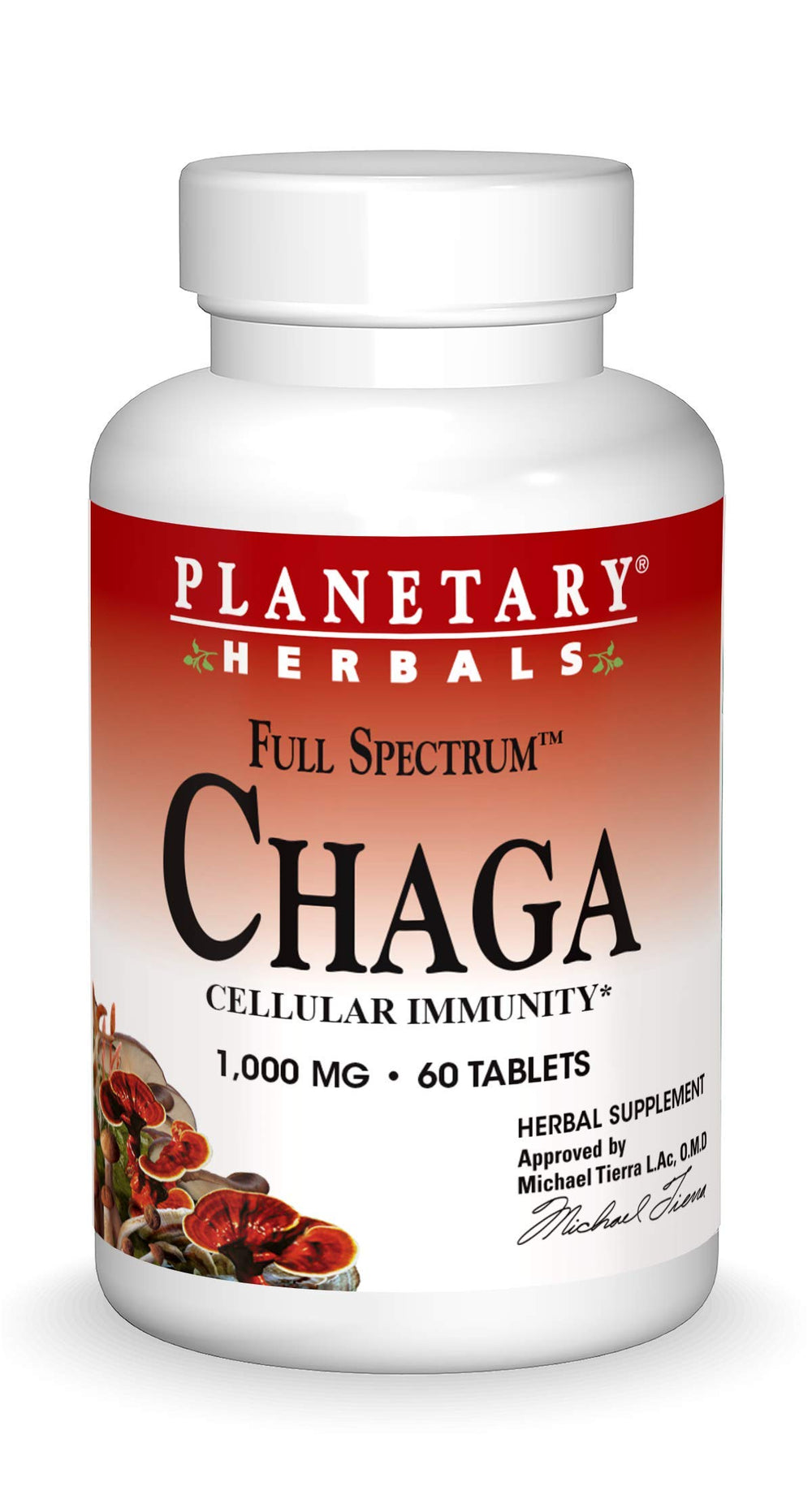 Planetary Herbals Chaga full spectrum bottle shown, highlighting potential immune support.