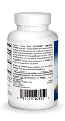 Planetary Herbals hawthorn extract tablets label highlighting leaves, berries and flowers for full spectrum content.