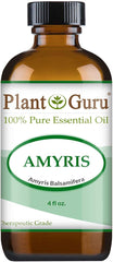 Plant Guru Amyris essential oil label close-up for premium aroma blending.