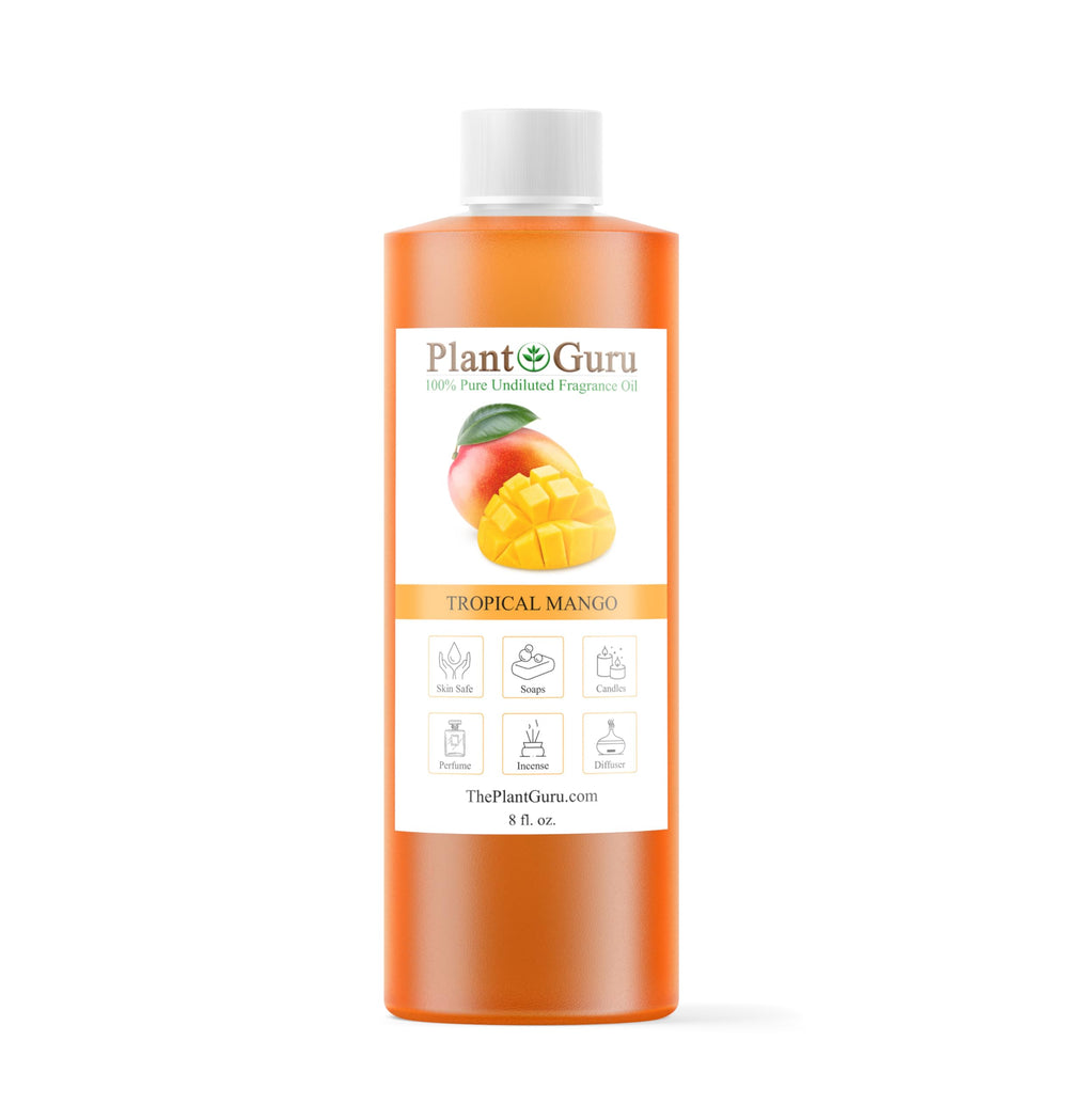 Plant Guru Tropical Mango fragrance oil bottle for DIY projects like soaps and candles.