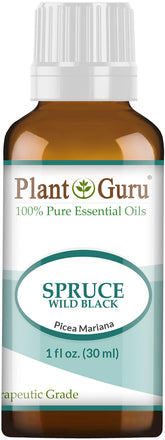 Plant Guru Wild Black Spruce bottle pour showing pure essential oil for diffusion and aroma