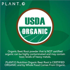Plant.O Nutrition label highlights USDA Organic certification and clean ingredients.