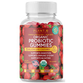 Plant.O Organic Probiotic Gummies bottle with strawberry flavor for daily digestion support.
