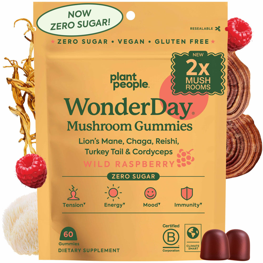 Plant People WonderDay bottle close-up highlighting sugar-free formula for daily wellness